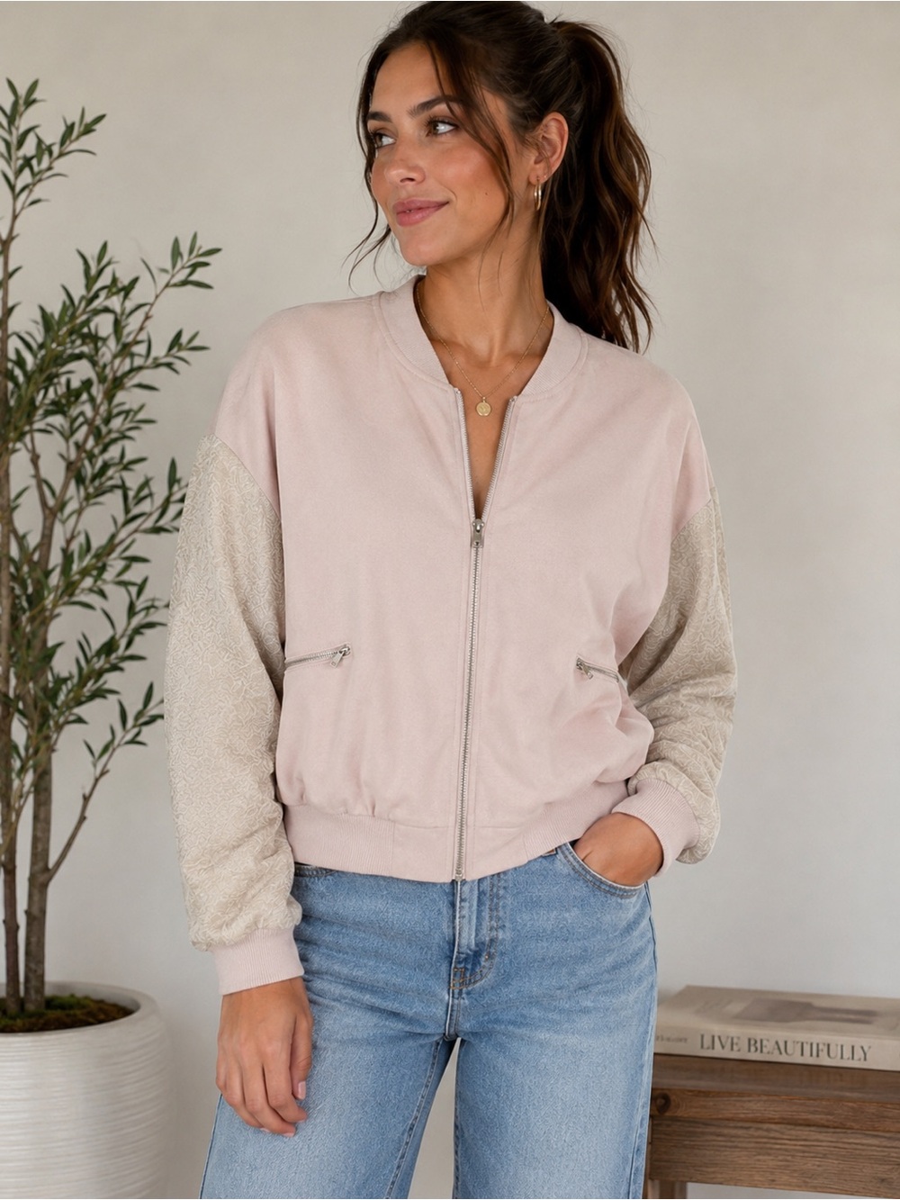 Item & Thread Blush Pink Bomber Jacket Textured Lace Sleeve Zip Front Size M